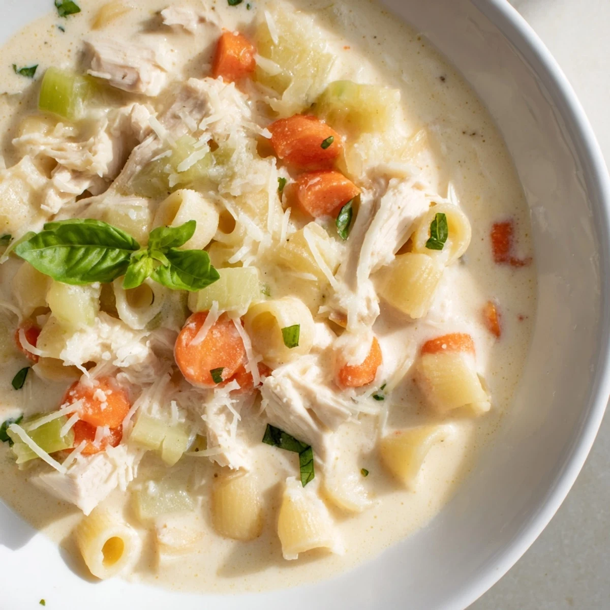 Creamy Chicken Parmesan Soup steaming in a slow cooker with tender chicken, carrots, and celery.