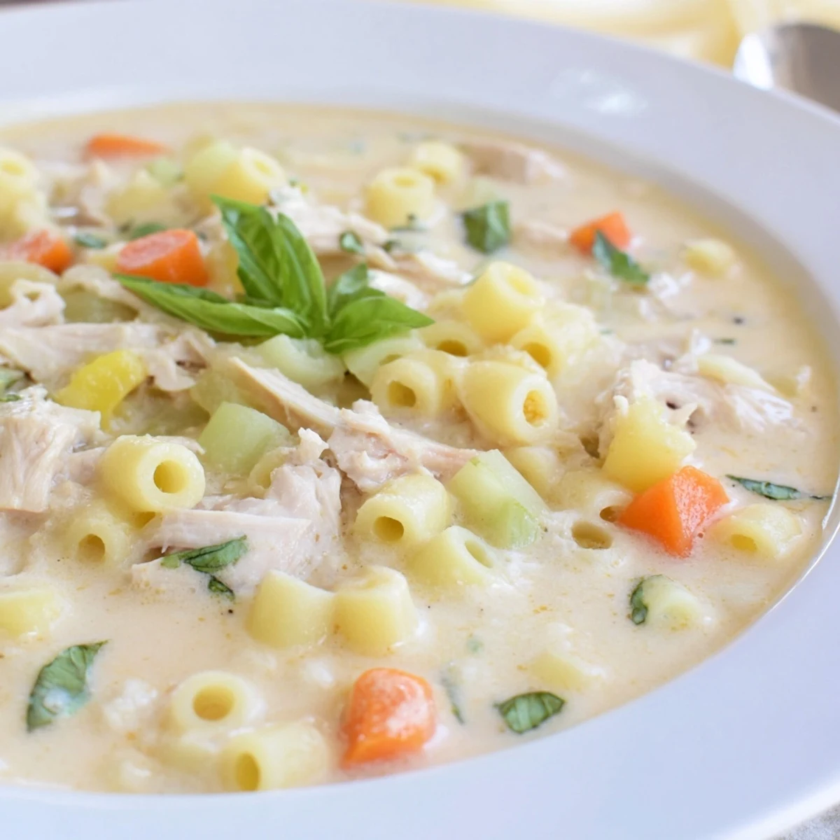 A cozy serving of Creamy Chicken Parmesan Soup beside crusty bread, perfect for a weeknight dinner.