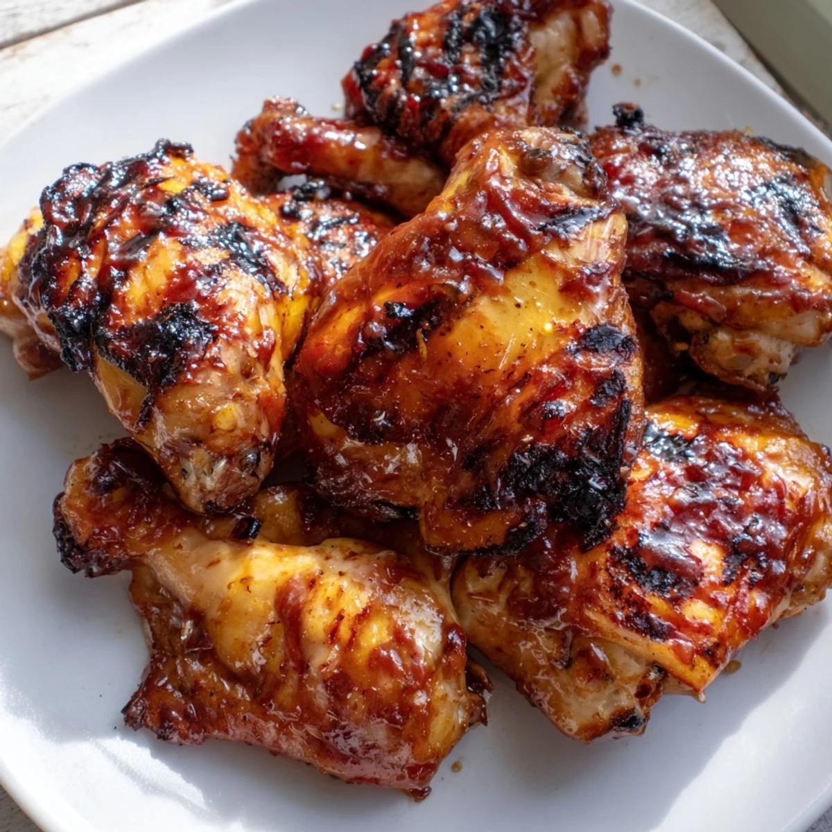 Golden-brown grilled Hawaiian Huli Huli Chicken thighs glazed with sweet pineapple sauce on a rustic platter.