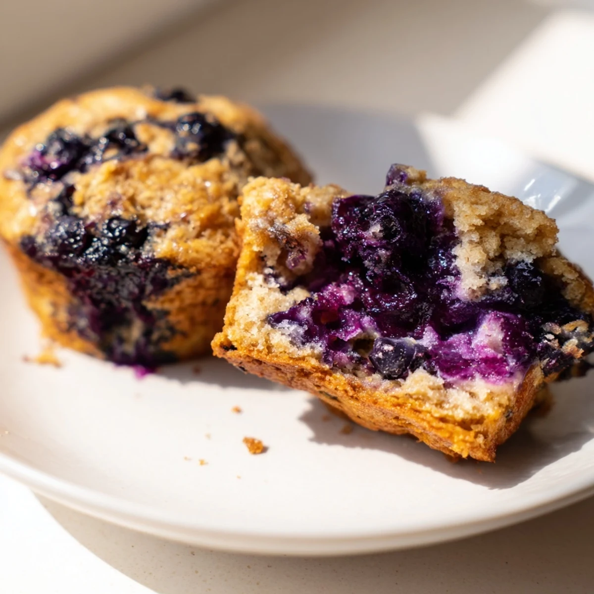 A close-up view of Blueberry Protein Muffins with Greek yogurt, showcasing their golden tops and abundant blueberries on a rustic wooden surface.