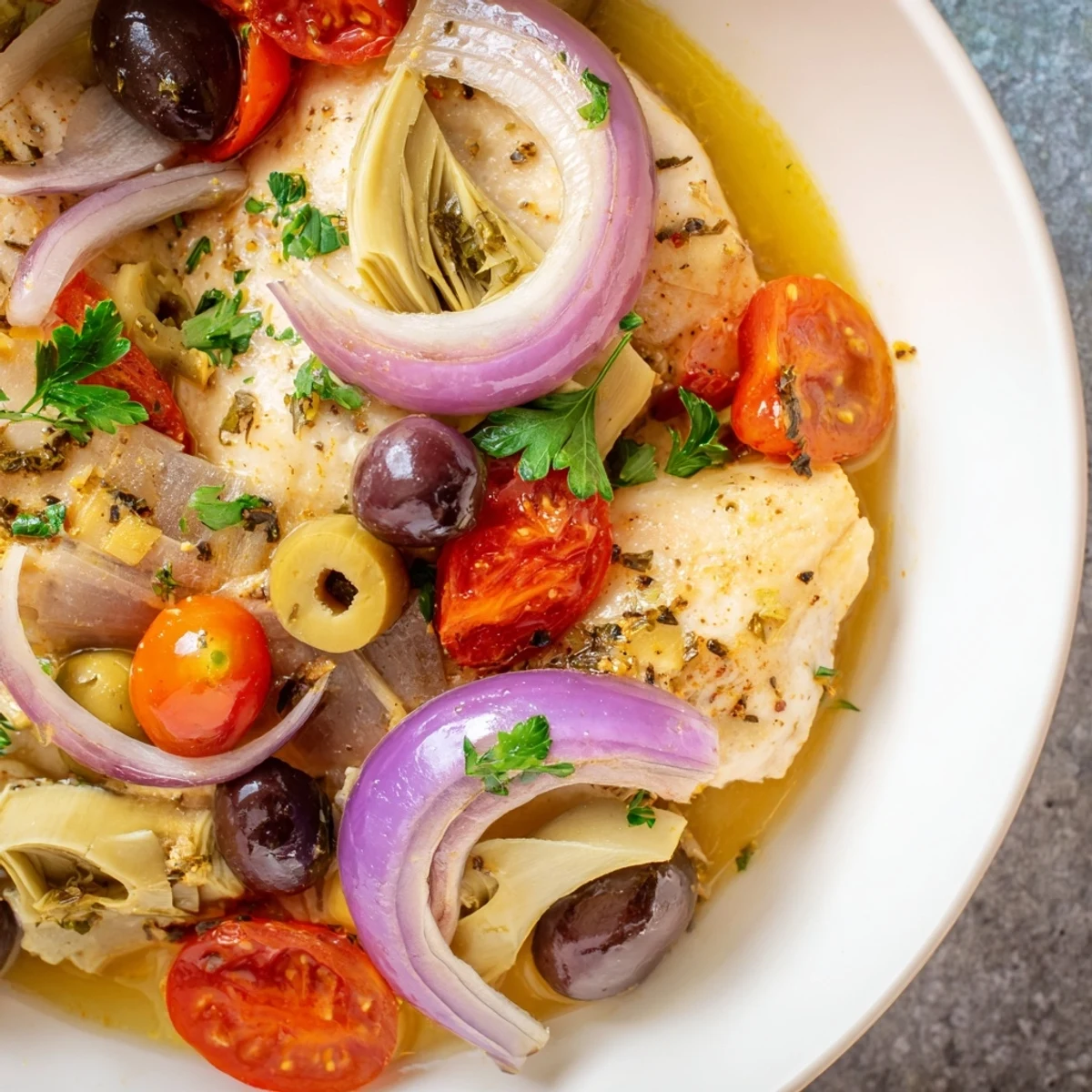 Golden seared chicken breasts nestled in a skillet with artichokes, olives, and bright lemon slices, topped with fresh parsley.