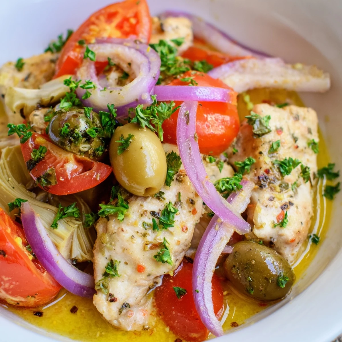 Freshly baked Mediterranean Lemon Chicken with Artichokes and Olives, showing juicy meat and colorful vegetables in a white dish.