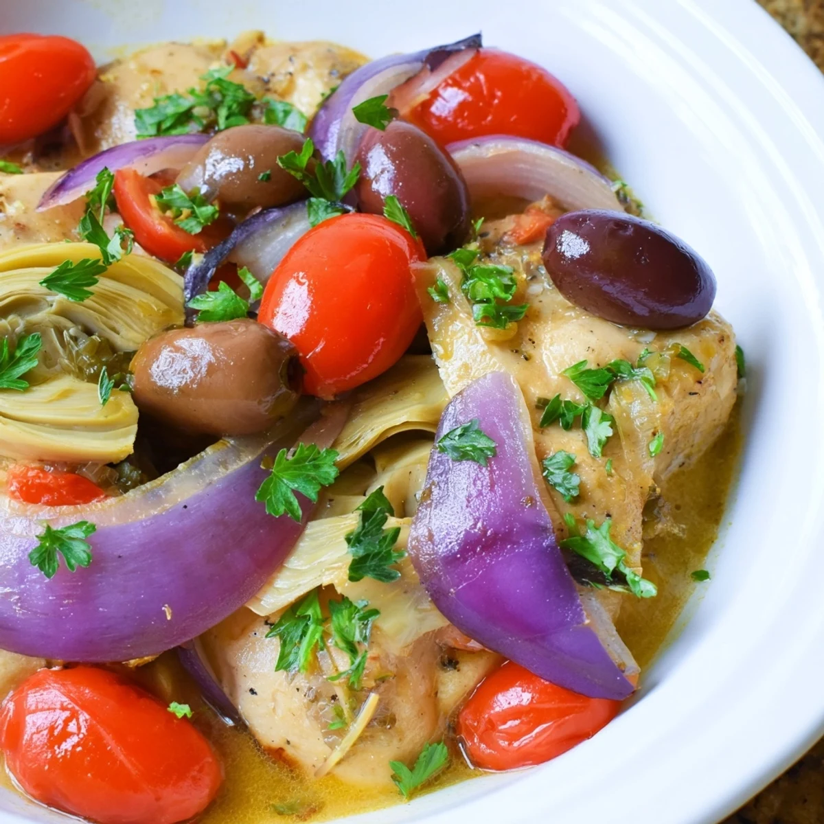 A close up view of Mediterranean Lemon Chicken with Artichokes and Olives served with crusty bread on a rustic table.