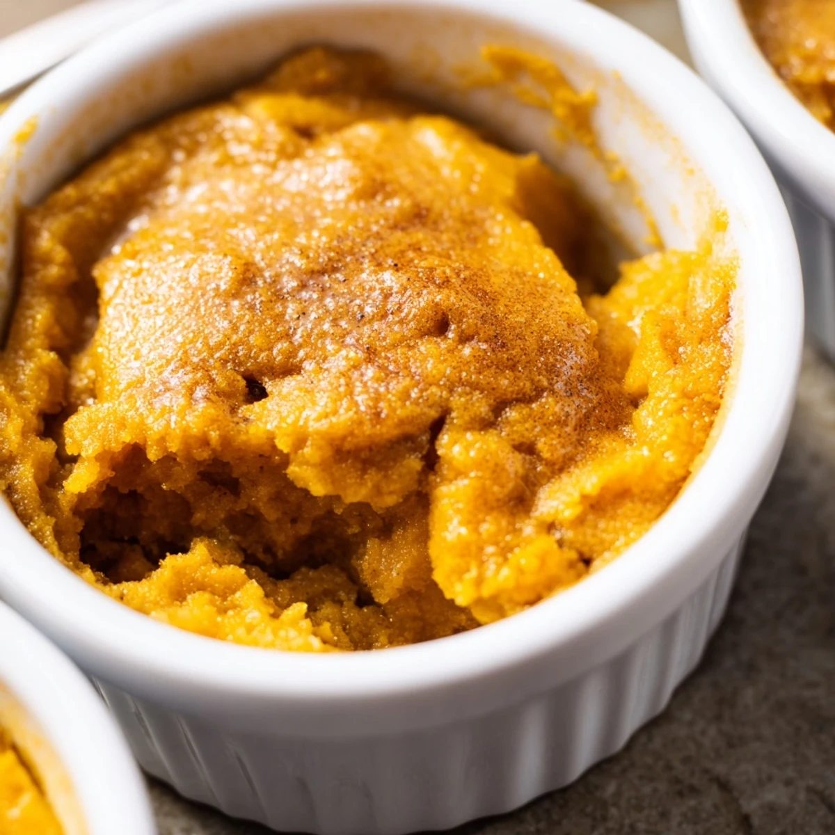Creamy baked pumpkin spice pudding served warm with a dollop of whipped cream in a rustic dish.
