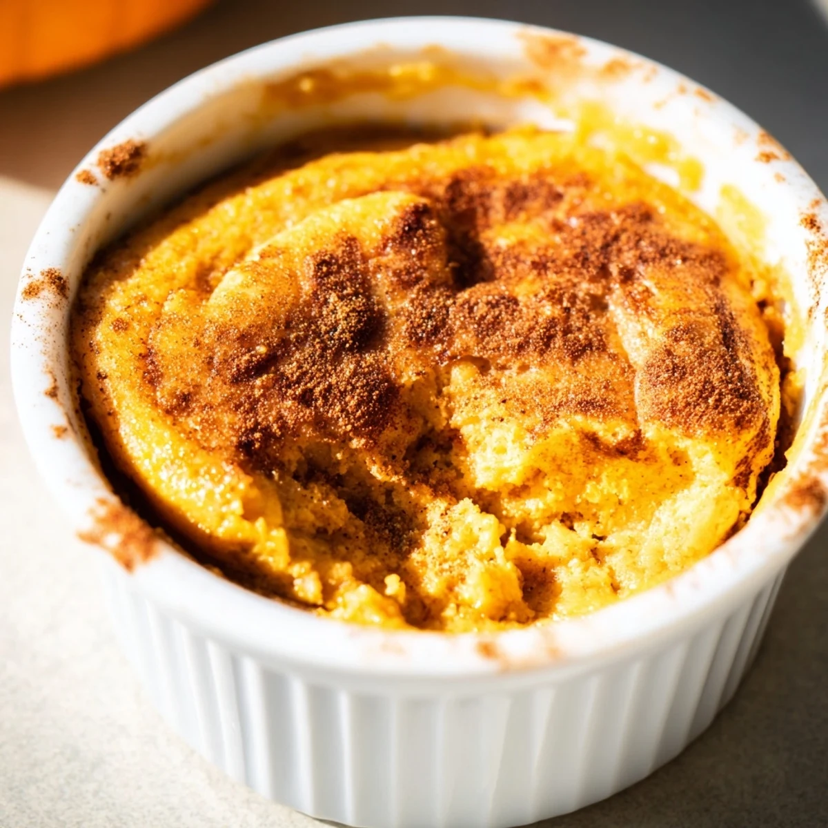 Freshly baked pumpkin spice pudding with a sprinkle of cinnamon on top, perfect for cozy autumn nights.