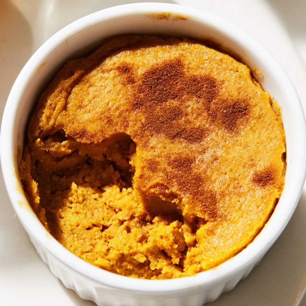 Golden baked pumpkin spice pudding in a ramekin, showcasing its smooth texture and inviting spices for dessert lovers.