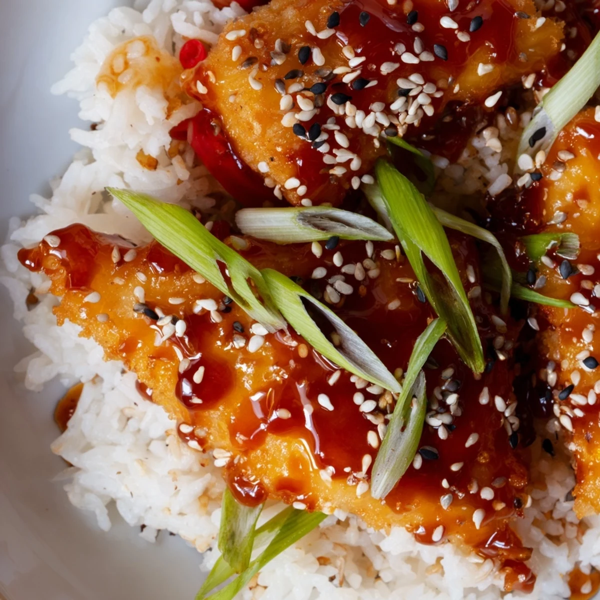 Perfectly glazed sweet & spicy cod strips resting on fluffy rice, garnished with green onions and sesame seeds.