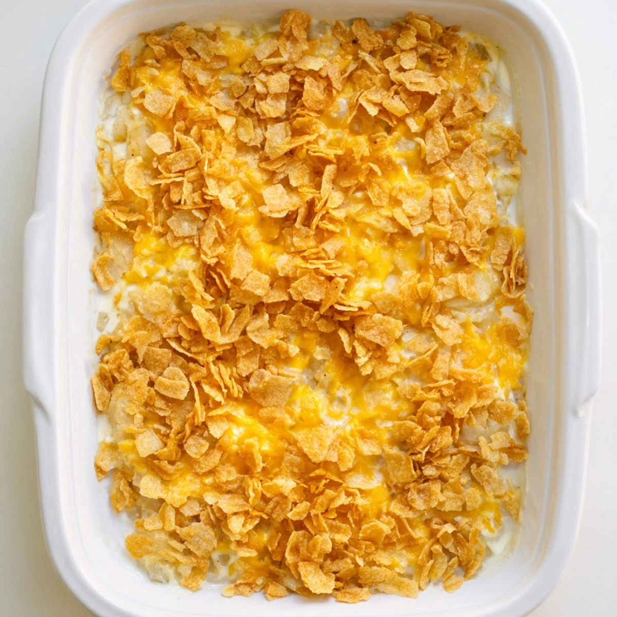 Golden Funeral Potatoes with Hashbrowns bubbling from the oven, crowned with crunchy, buttery cornflakes and melted cheddar.