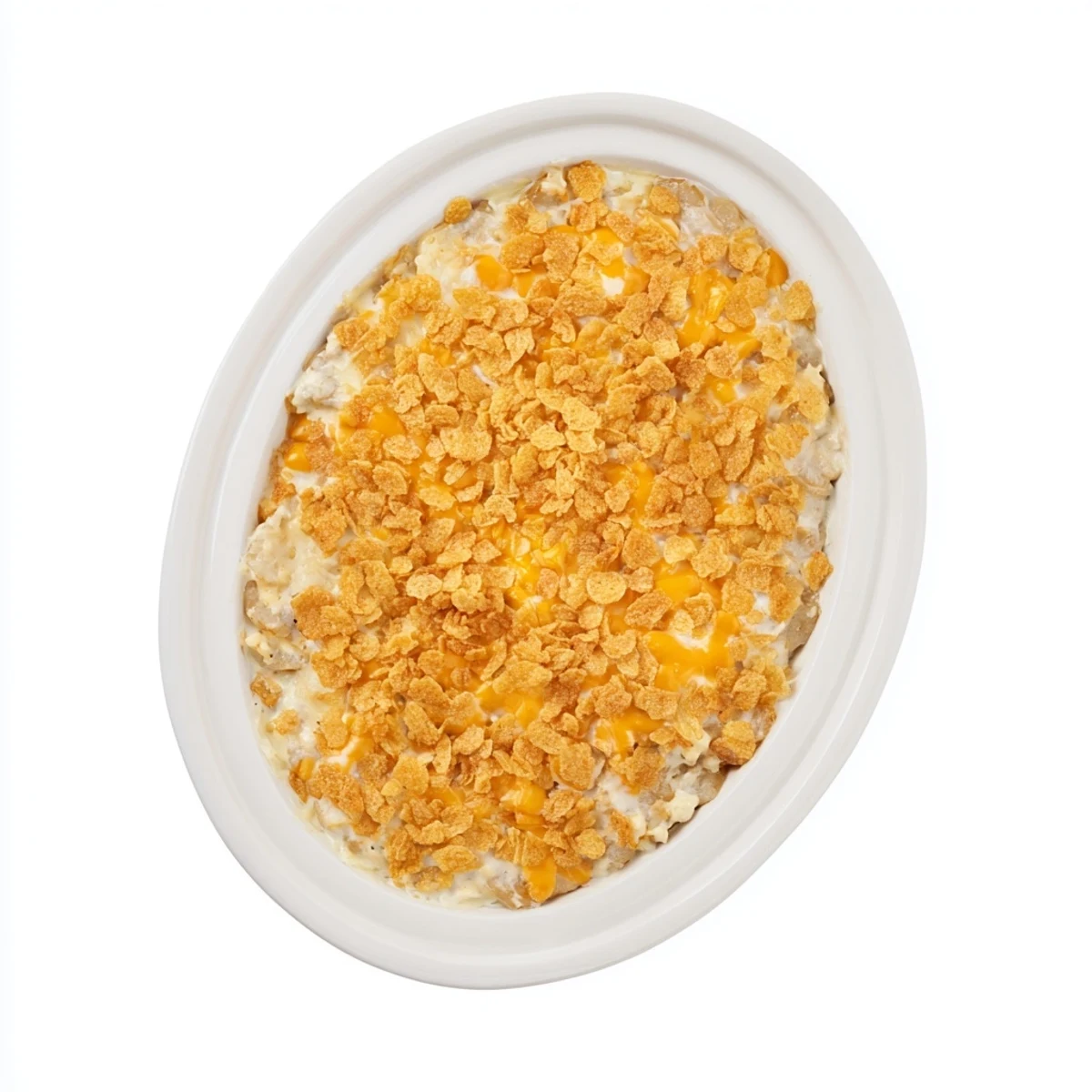 Funeral Potatoes with Hashbrowns served warm in a casserole dish, a creamy, cheesy side for potlucks.