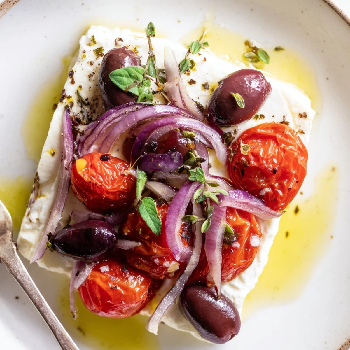 Creamy baked feta with blistered tomatoes and olives in Mediterranean Baked Feta Appetizer, served warm with crusty bread.