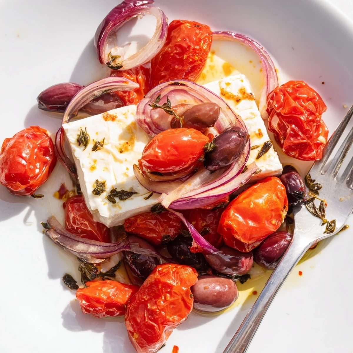 Golden feta block surrounded by cherry tomatoes, onions, and oregano in the Mediterranean Baked Feta Appetizer, ready to scoop.
