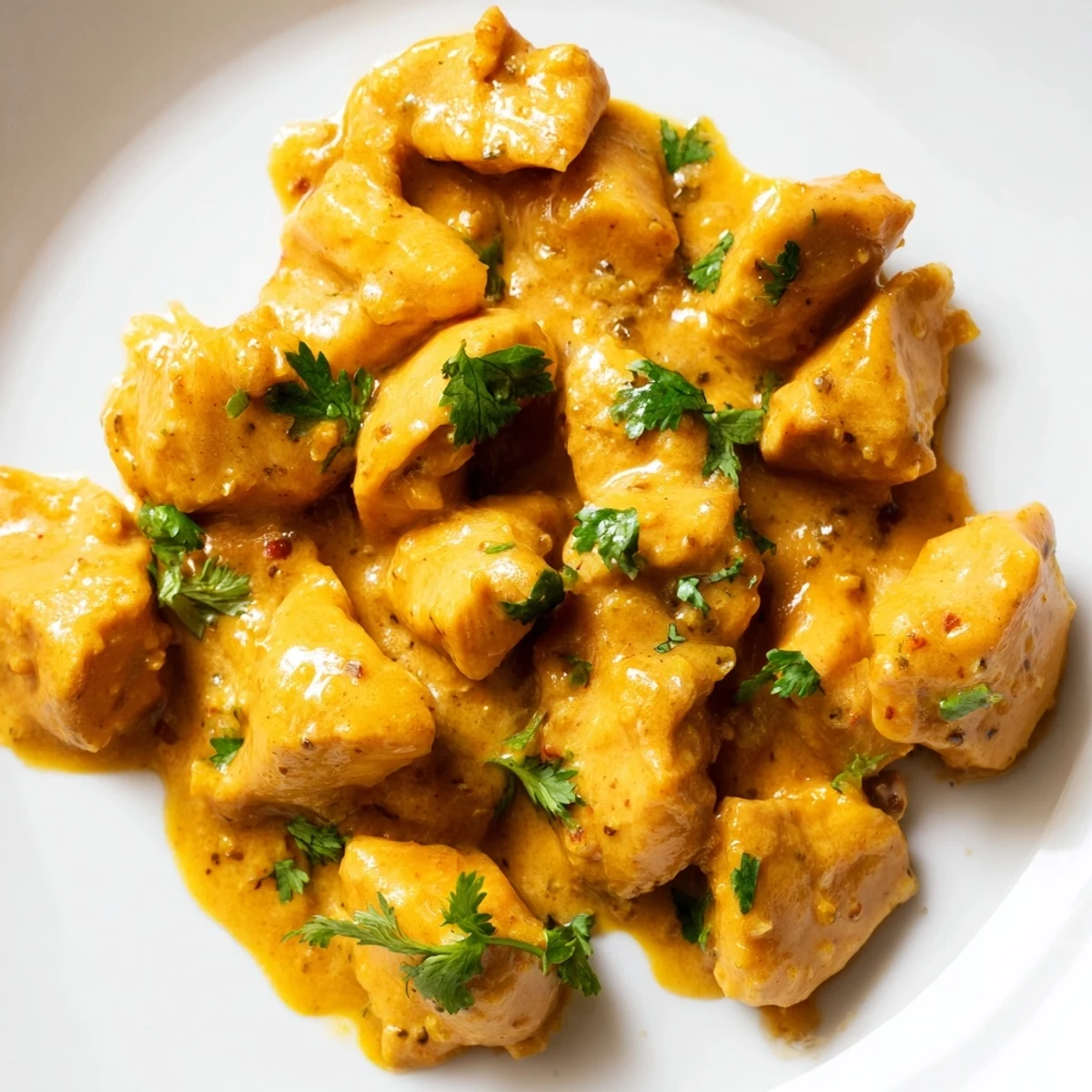 Vibrant Mango Chicken Curry simmering in a pot, showing tender chicken in creamy coconut mango sauce.