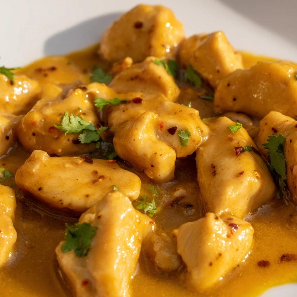 Close-up of Mango Chicken Curry in a white bowl, garnished with fresh cilantro and red chili slices.