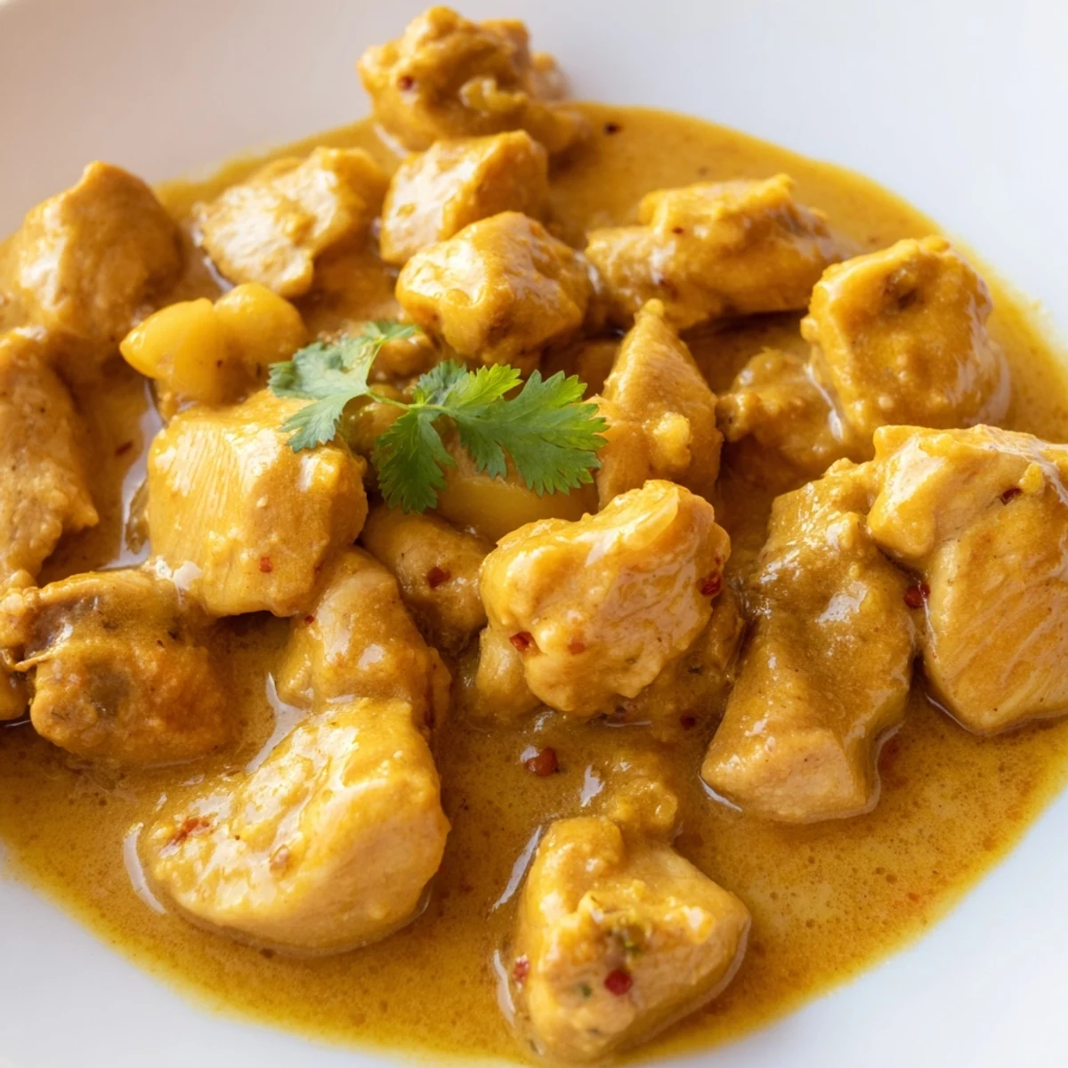 Serving suggestion for Mango Chicken Curry over basmati rice, with naan bread and cilantro on the side.