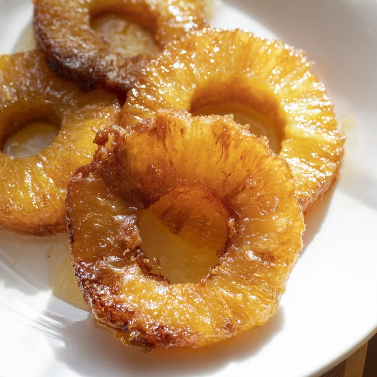 Golden fried Rum-Soaked Fried Pineapple rings are served warm on a plate with a scoop of vanilla ice cream.