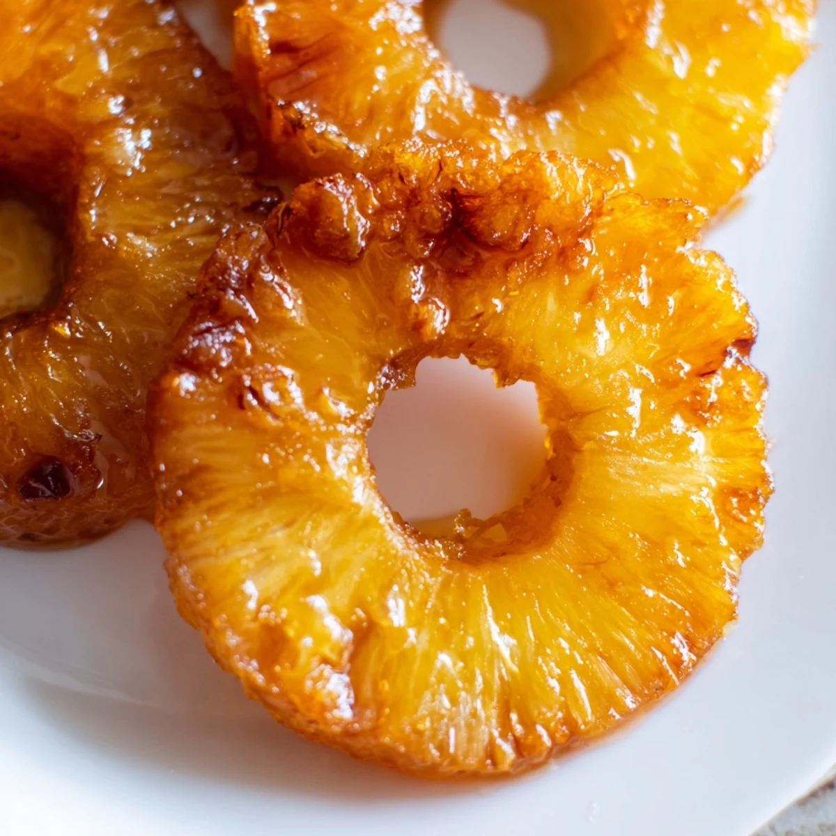 Juicy Rum-Soaked Fried Pineapple pieces are arranged on a dessert plate, ready to be enjoyed as a tropical treat.
