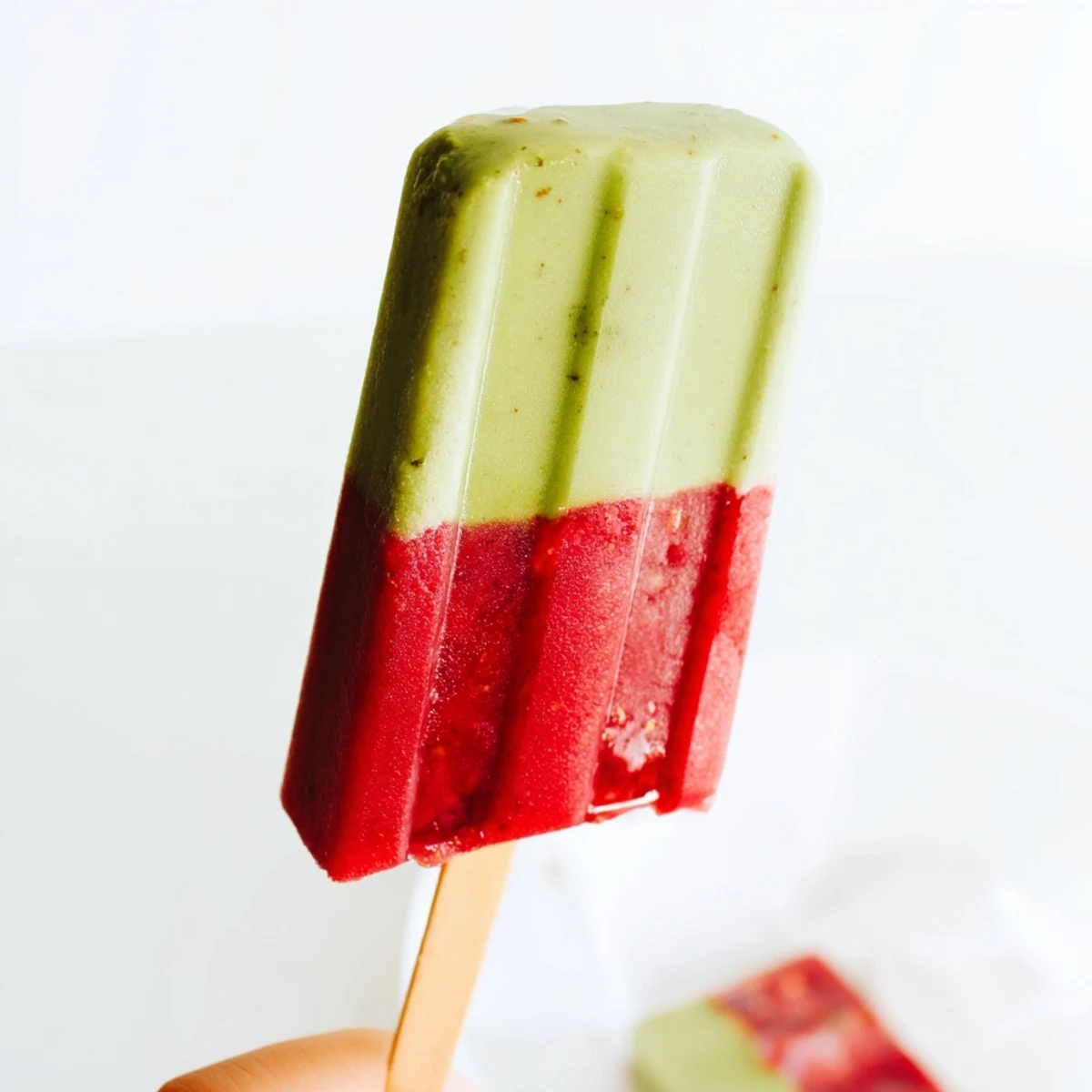 Homemade Strawberry Matcha Latte Popsicles showcasing a vibrant red and green ombre effect on a wooden board.