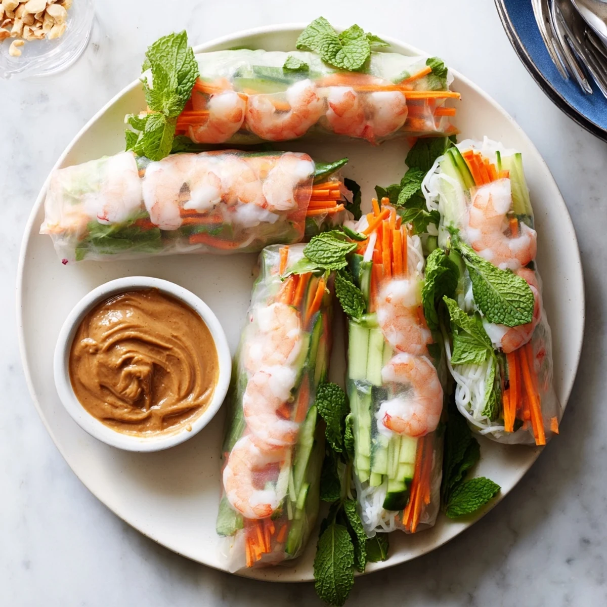 Freshly rolled Vietnamese Spring Rolls with tender shrimp and vermicelli noodles on a white plate.