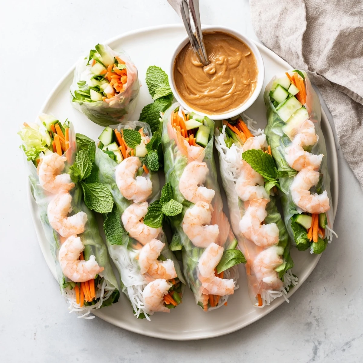 Glistening Vietnamese Spring Rolls packed with crisp vegetables and herbs, served with a rich peanut dipping sauce.