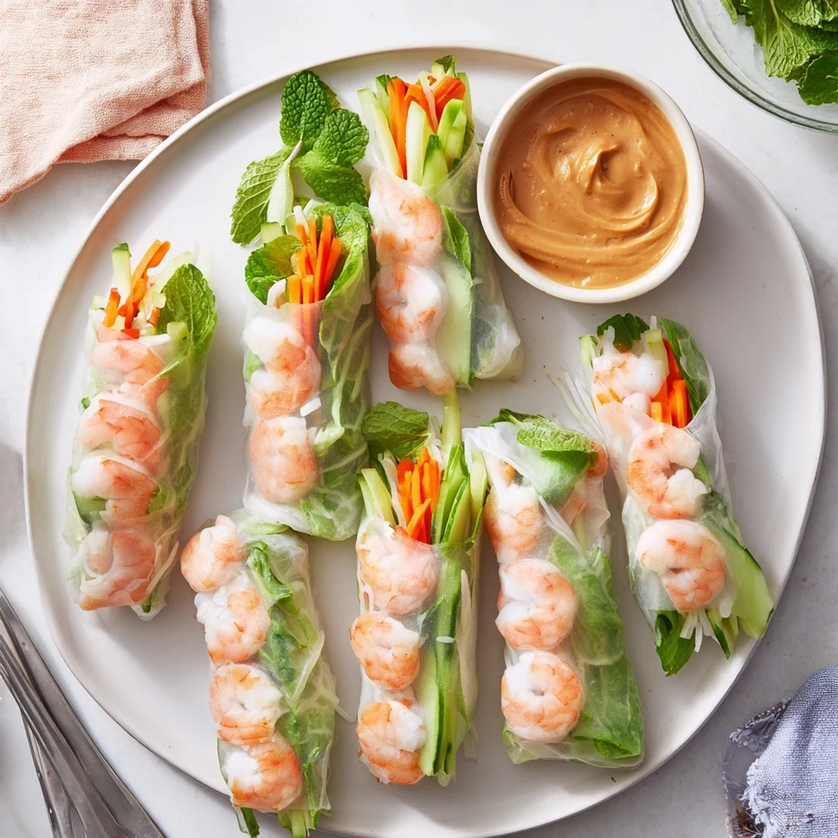 Vietnamese Spring Rolls displayed beside a small bowl of creamy peanut sauce and fresh lime wedges.