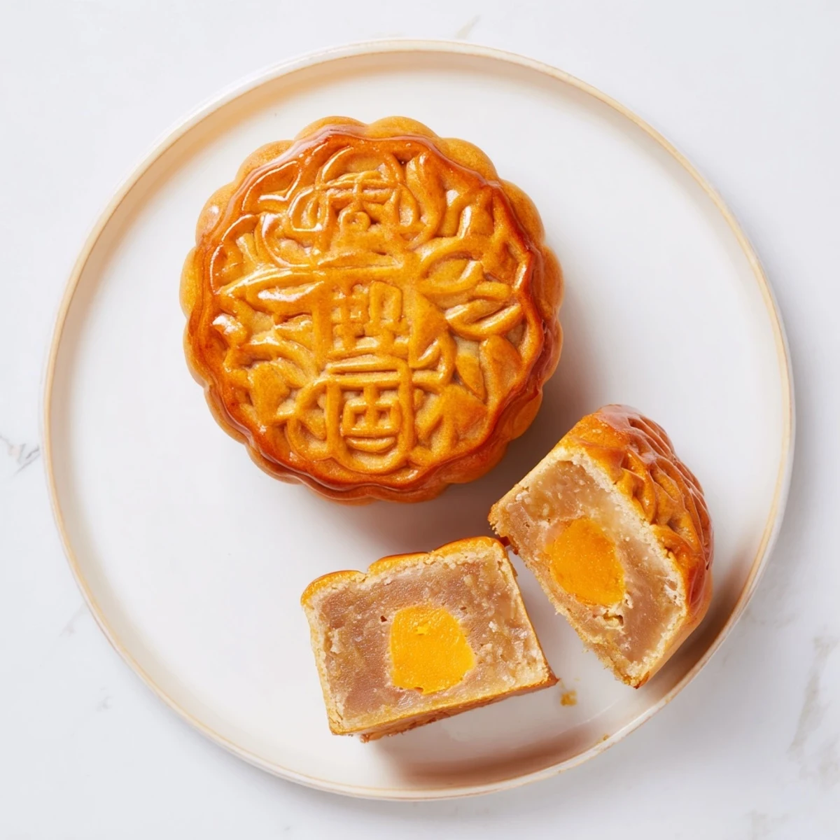 Close-up of a freshly baked mooncake cut in half to reveal the dense lotus seed paste and salted egg yolk center, highlighting the soft, chewy texture.