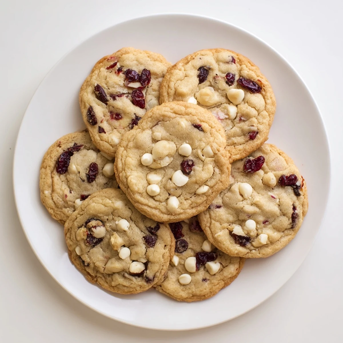 Golden White Chocolate Cranberry Cookies studded with creamy chips and tart berries cooling on a wire rack.