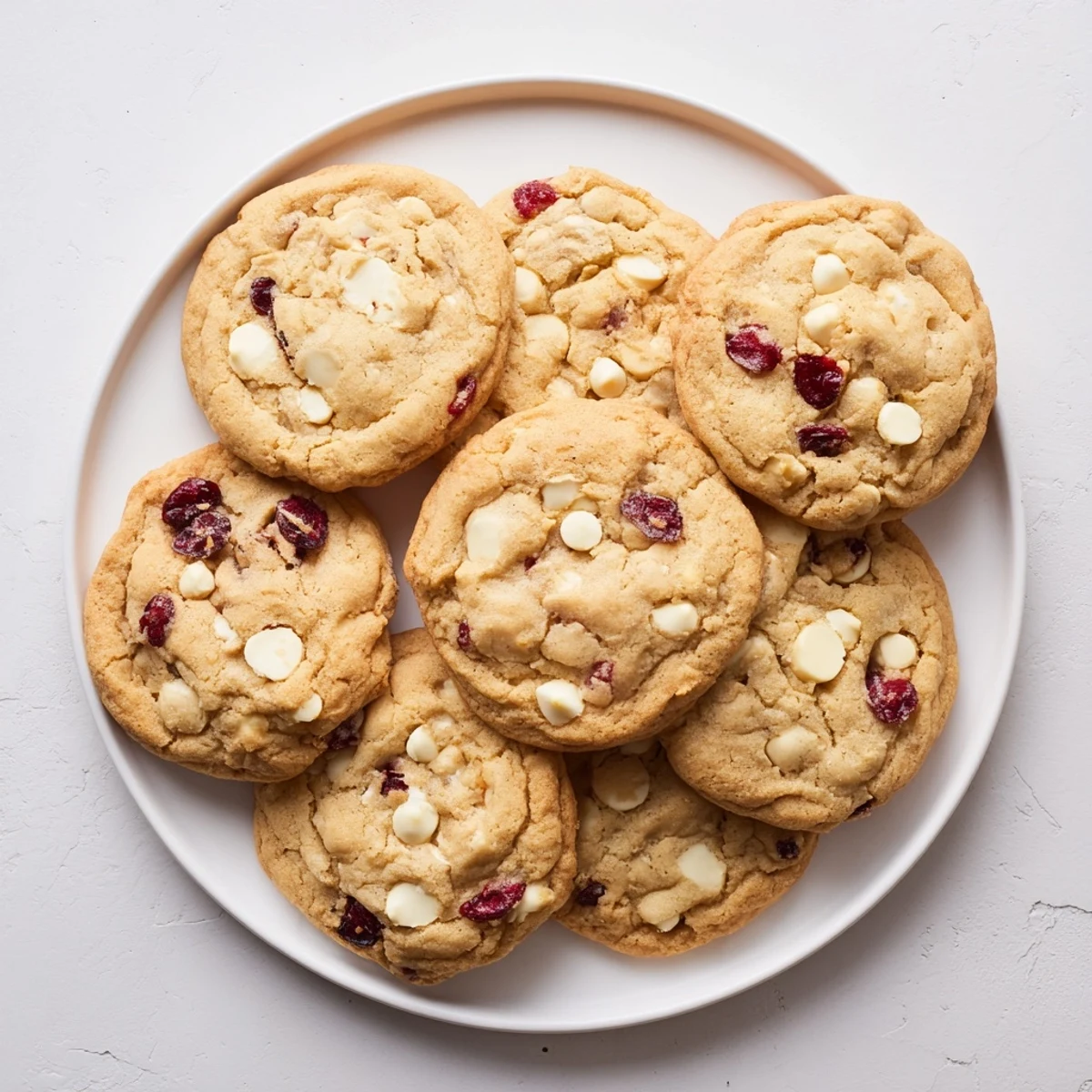 Overhead view of freshly baked White Chocolate Cranberry Cookies, soft centers and golden edges on parchment.