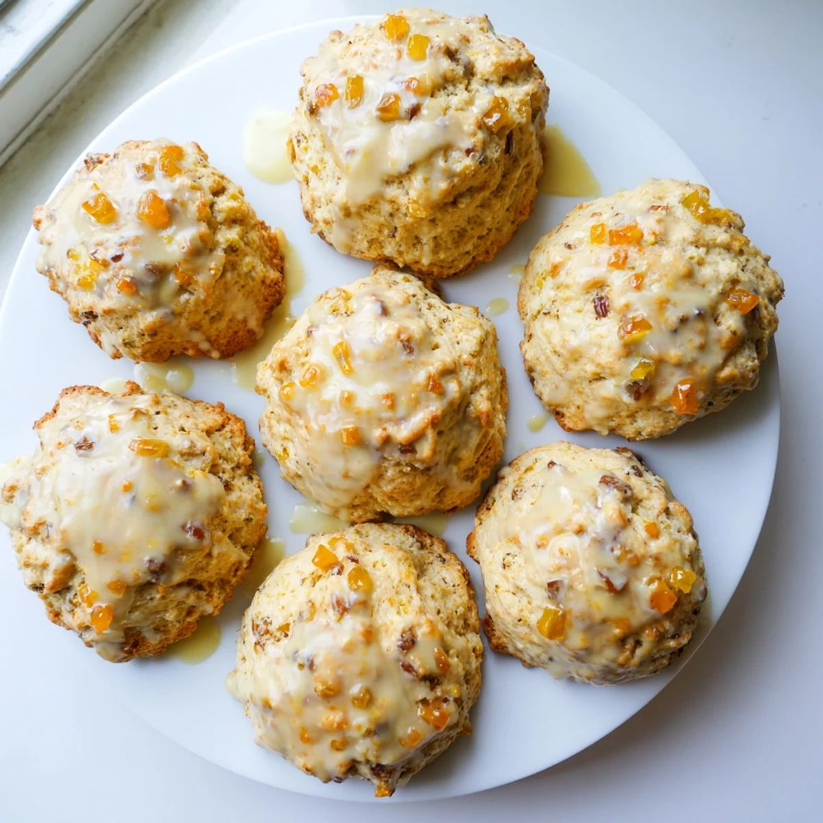 Warmly glazed Candied Ginger Orange Scones are arranged on a rustic wooden board, accompanied by a steaming cup of tea.