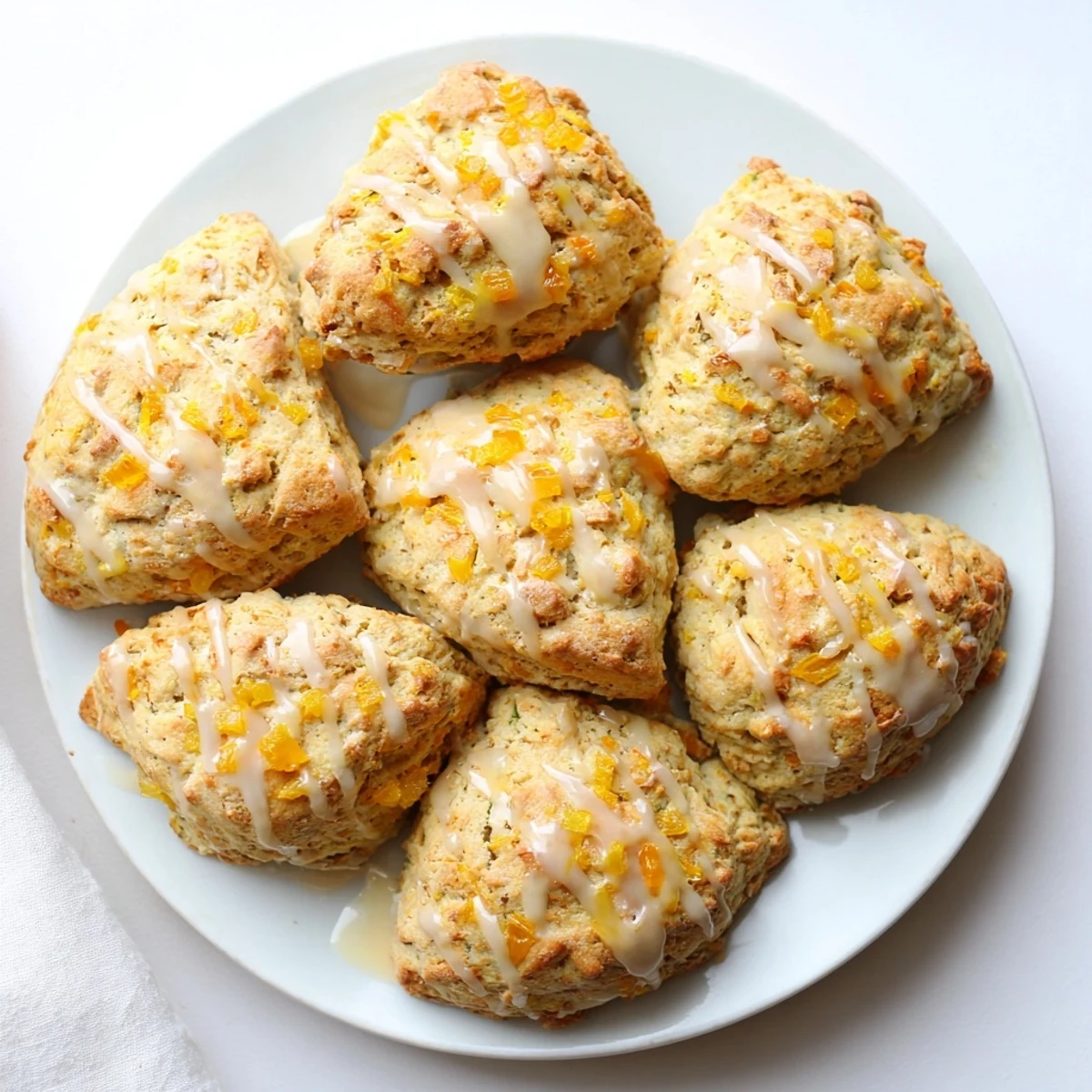 A fresh bite into a Candied Ginger Orange Scone reveals a fluffy interior and sticky glaze, served beside a pot of tea.
