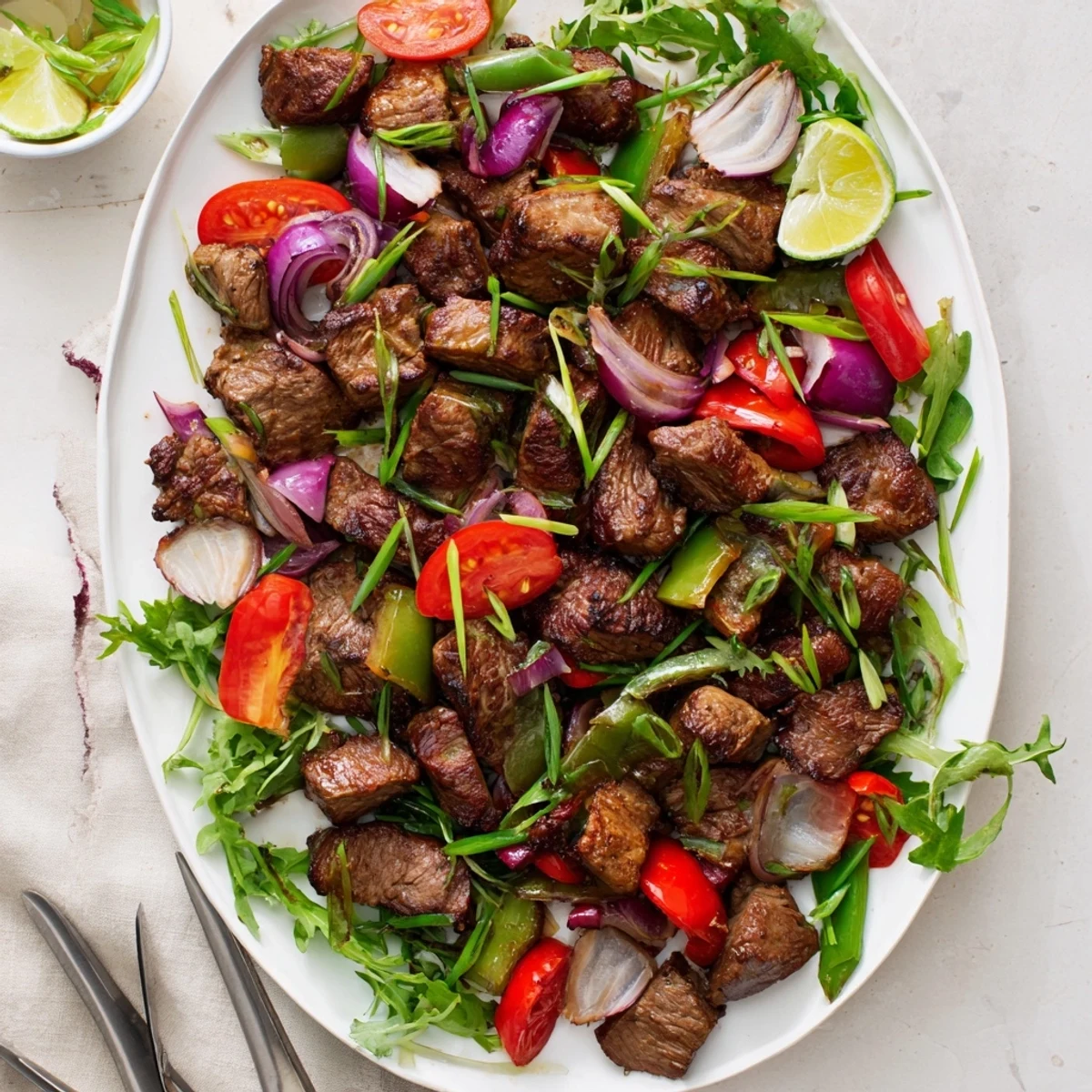 Juicy cubes of Vietnamese Shaking Beef sizzling in a hot wok with onions and crisp bell peppers.
