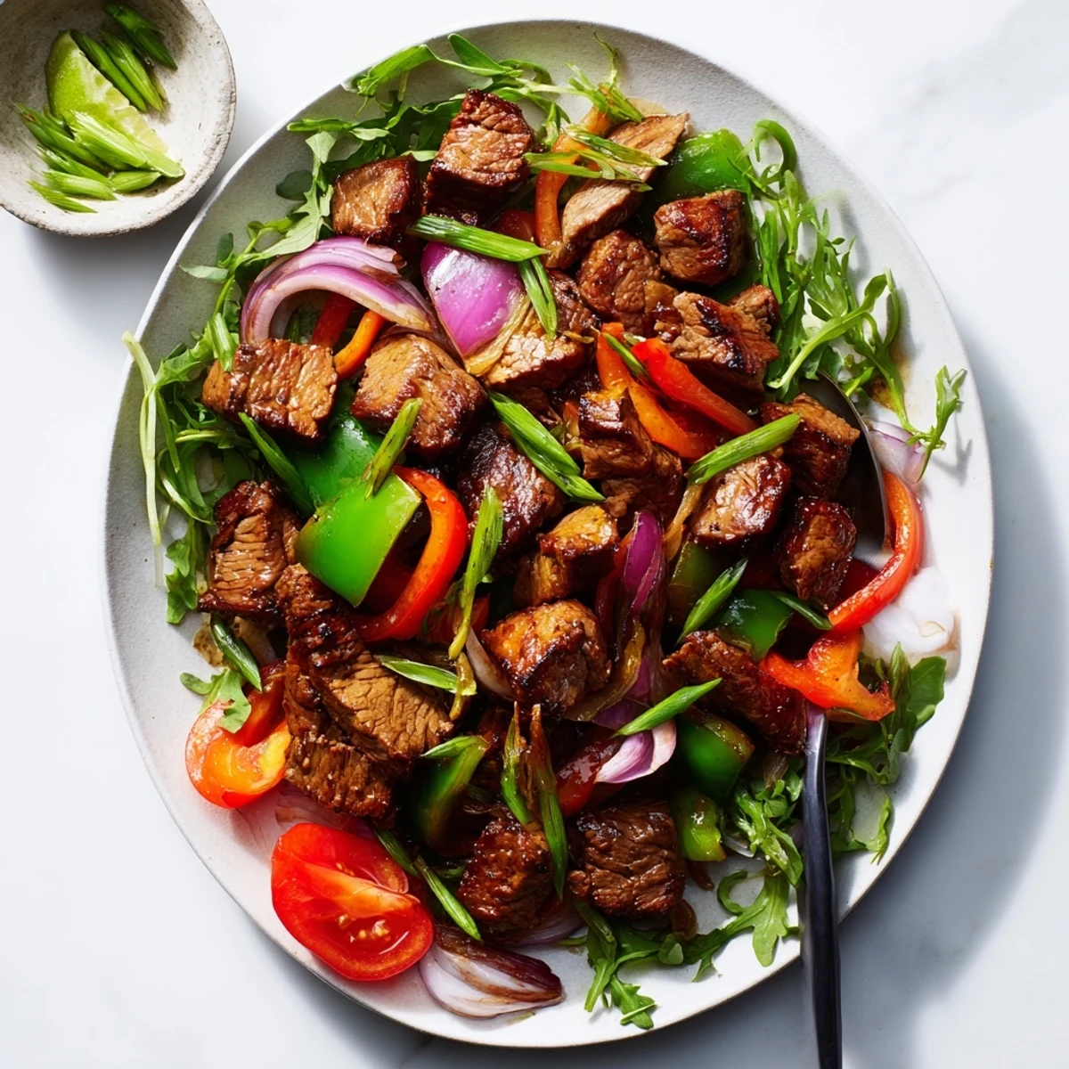 A close-up of tender Vietnamese Shaking Beef, glistening with soy marinade and garnished with fresh spring onions.