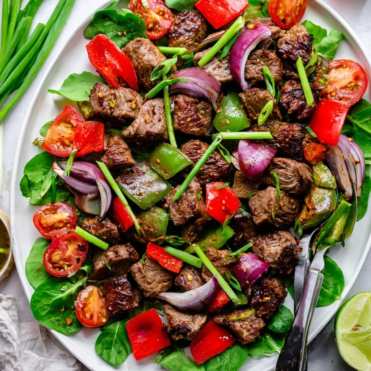 Vietnamese Shaking Beef served over jasmine rice with watercress, tomatoes, and a bright lime dipping sauce.