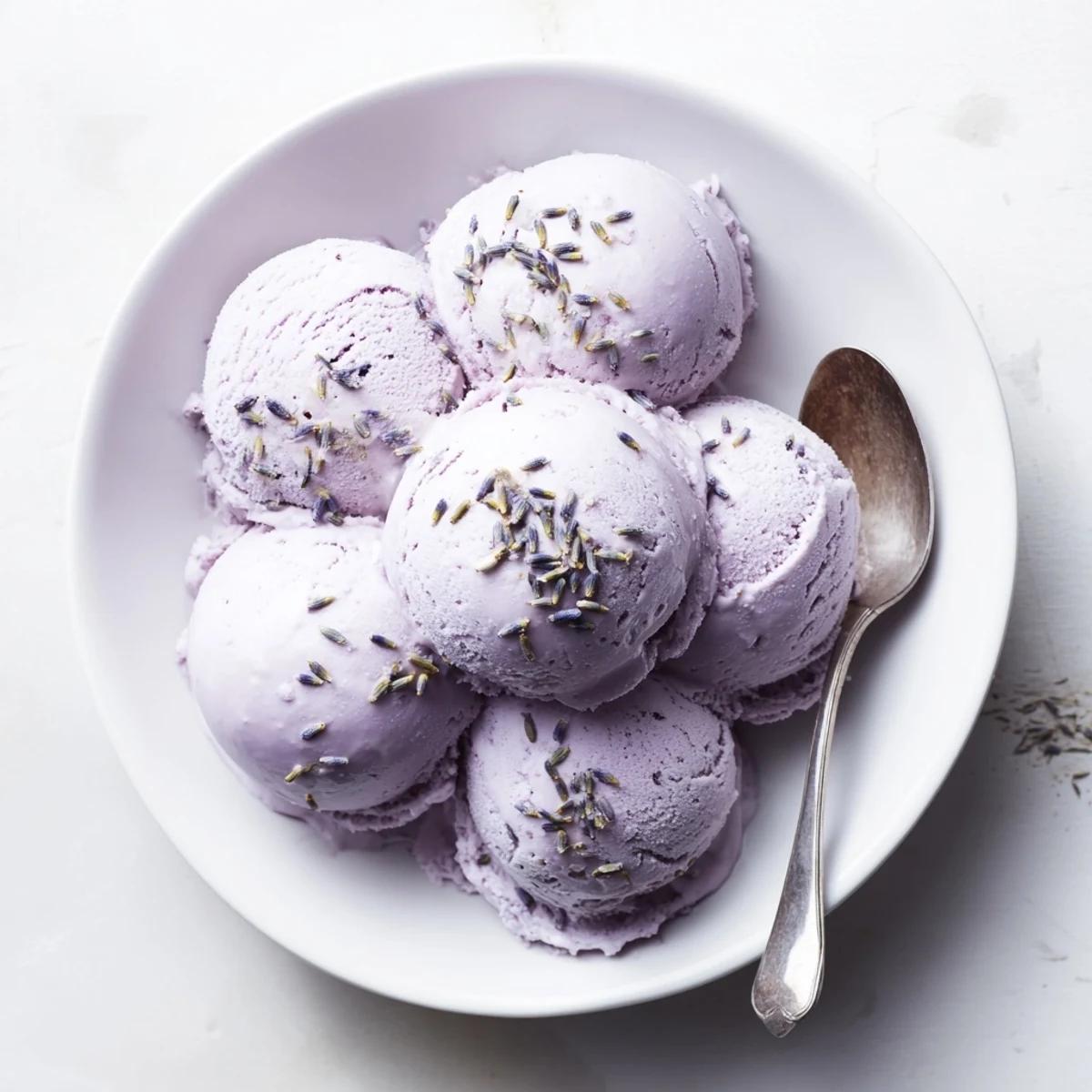 A close-up of a bowl of lavender ice cream melting slightly, garnished with edible flowers on a marble countertop.