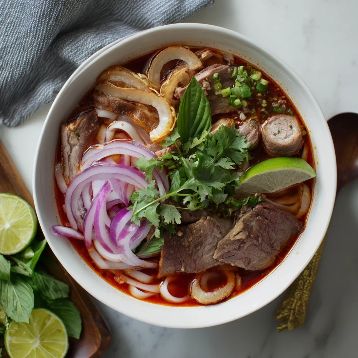 Steamy bowls of Bun Bo Hue feature thick rice noodles, tender beef slices, and a fragrant lemongrass broth served with fresh herbs.