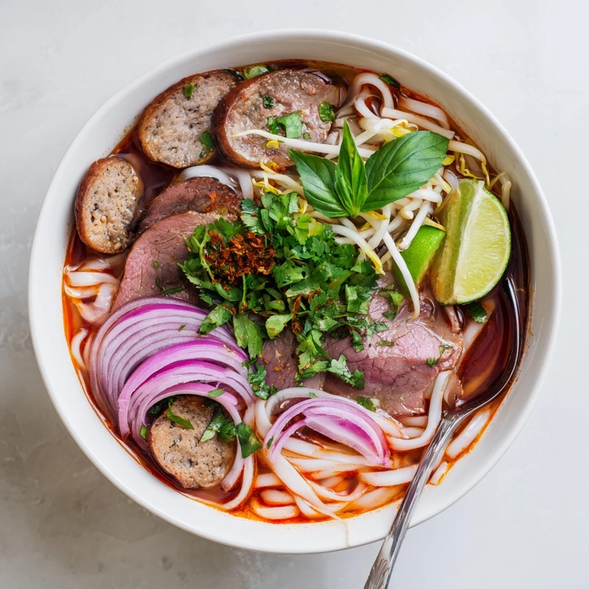 A hearty serving of Bun Bo Hue with rich Vietnamese broth, aromatic herbs, and sliced beef for an authentic Hue experience.