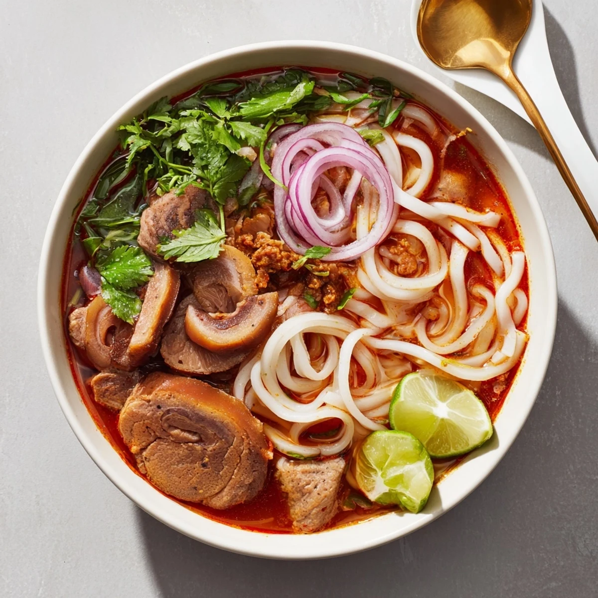 Close-up view of Bun Bo Hue noodle soup, showcasing spicy chili oil swirl and vibrant garnishes like lime wedges and bean sprouts.