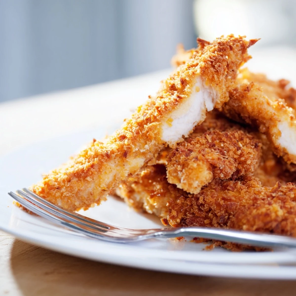 Crispy Panko Crusted Chicken Strips on a plate with a side of ranch and honey mustard dipping sauce.