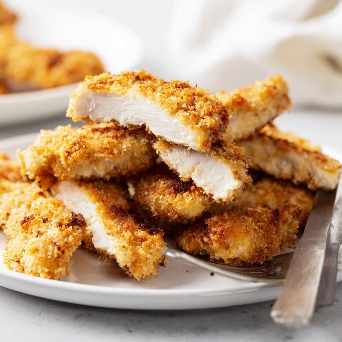 Freshly fried Panko Crusted Chicken Strips served hot on a wooden cutting board with lemon wedges.