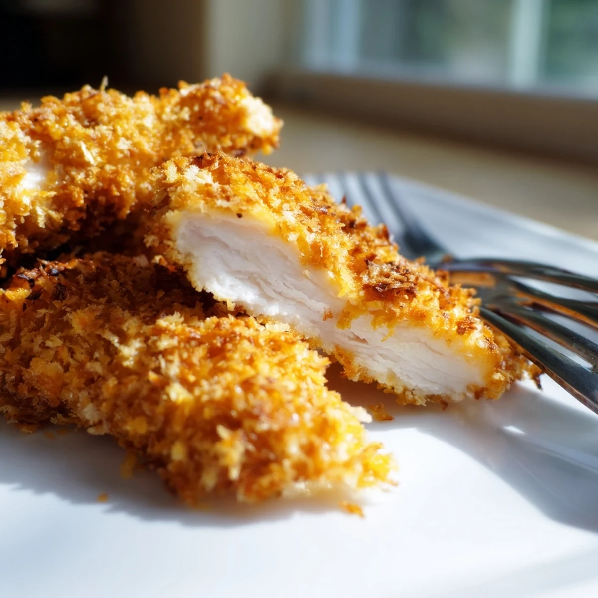 Golden homemade Panko Crusted Chicken Strips arranged in a basket with a side of french fries.