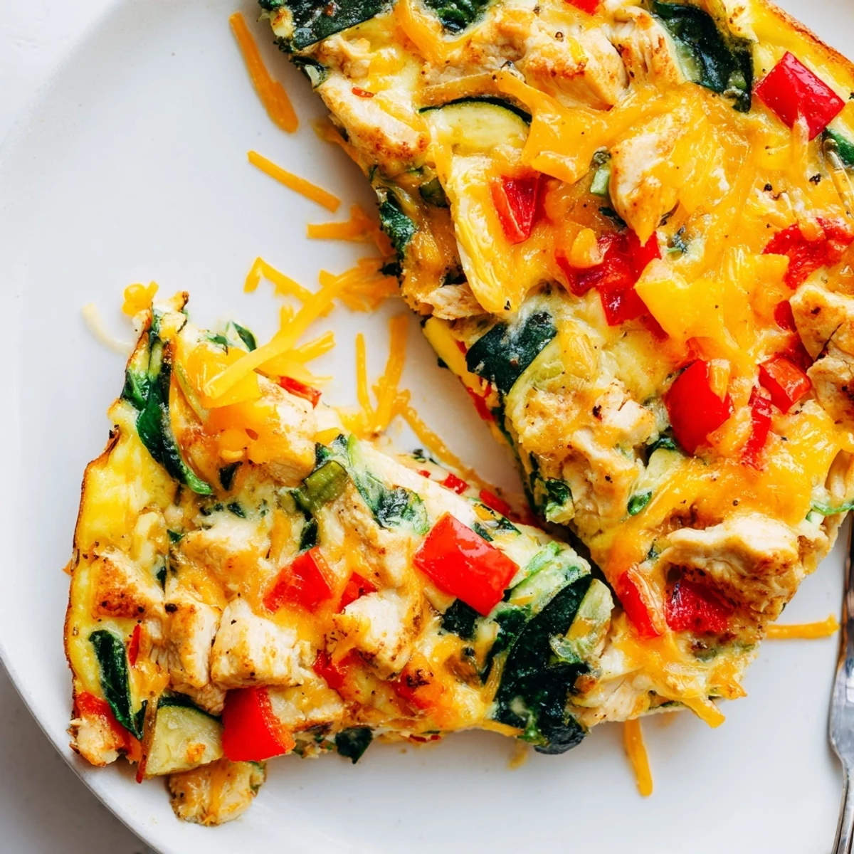 Golden-brown Chicken and Vegetable Frittata fresh from the oven, showing fluffy eggs with diced chicken, spinach, and melted cheese.