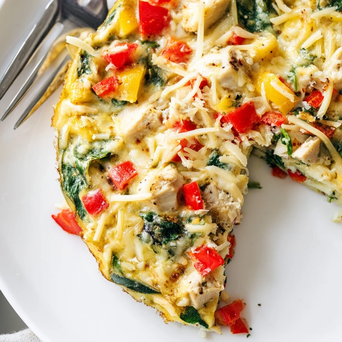 Freshly baked Chicken and Vegetable Frittata with bubbly cheese crust, garnished with fresh herbs for a delicious brunch main dish.