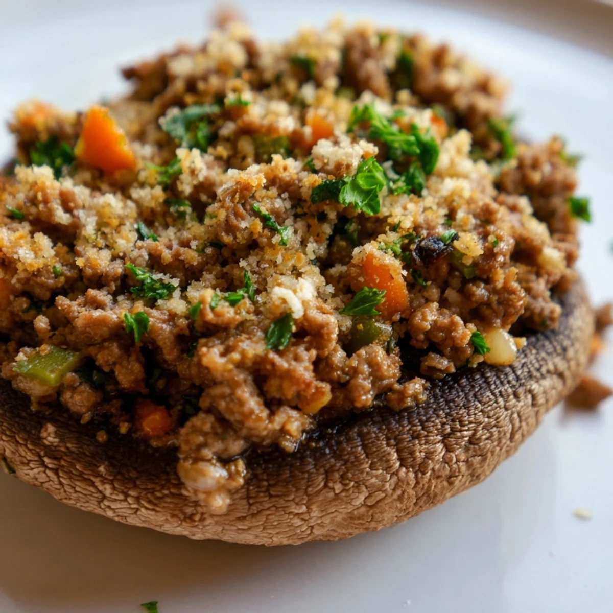 Golden-brown Savoury Mince Stuffed Mushrooms with herbed beef filling and crispy breadcrumbs on a baking tray.