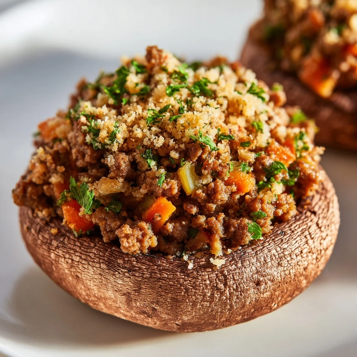 Eight large portobello Savoury Mince Stuffed Mushrooms served warm as an appetizer with fresh parsley garnish.