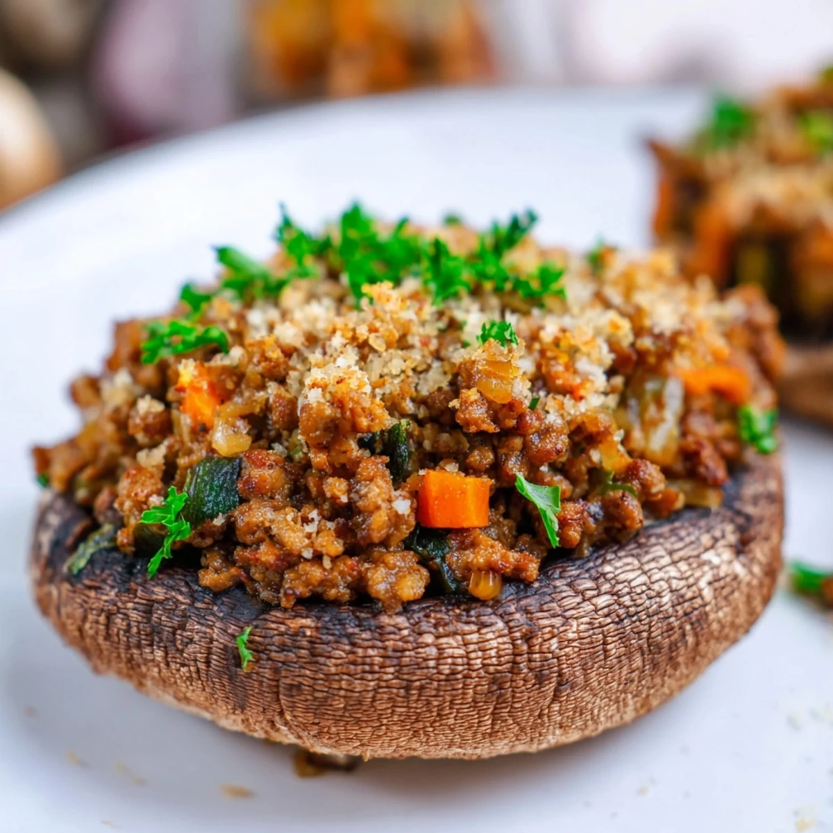 Close-up of Savoury Mince Stuffed Mushrooms revealing juicy mushrooms, minced beef, and golden herbed topping.