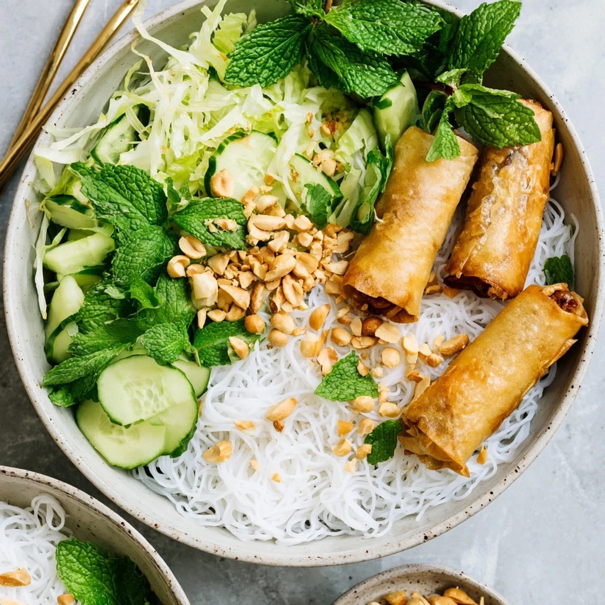 Freshly fried cha gio sit atop a bed of cool rice vermicelli noodles, crisp lettuce, cucumber, and fragrant herbs in a vibrant Bun Cha Gio bowl.