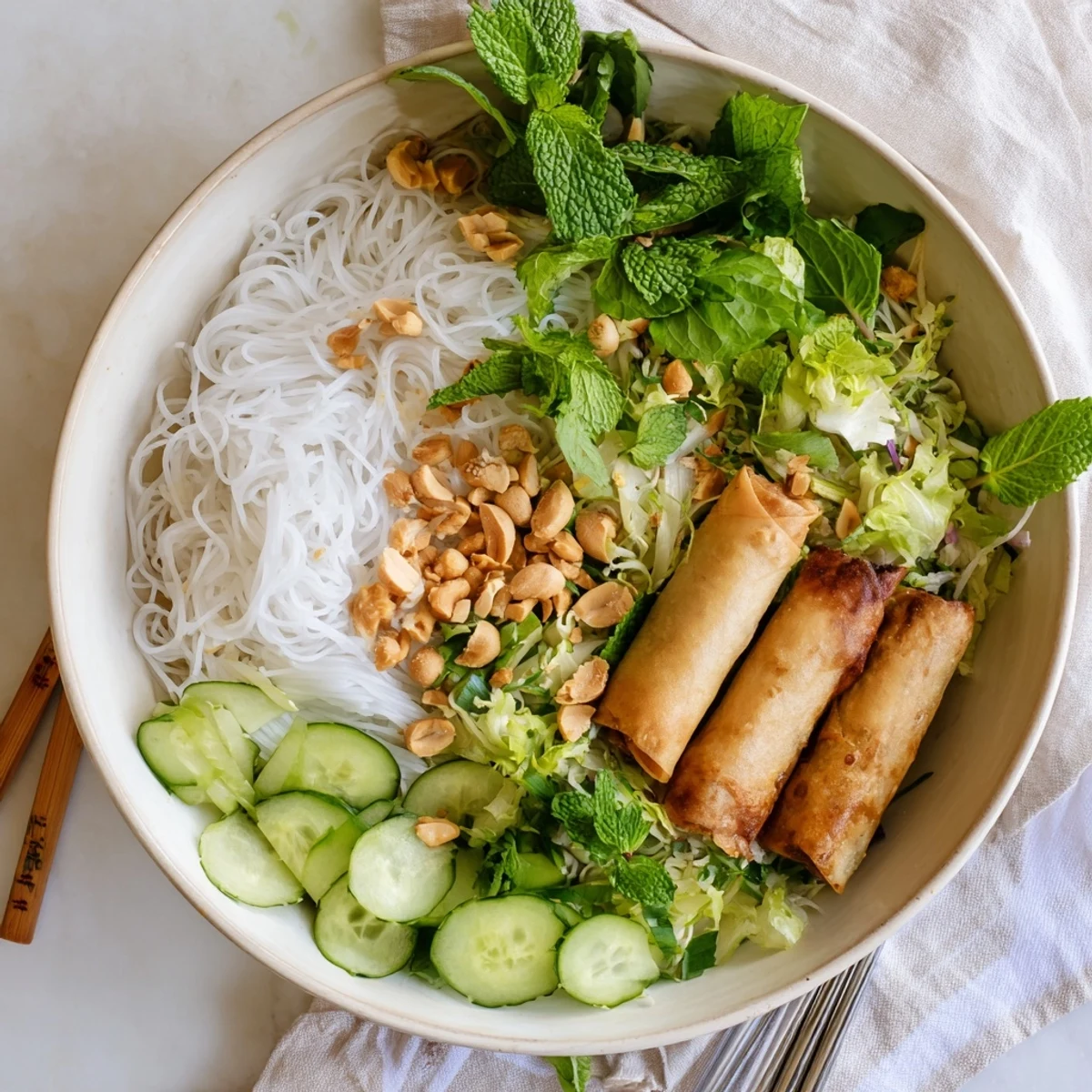 Serving suggestion for Bun Cha Gio: golden fried cha gio arranged over vermicelli with fresh mint and cilantro, alongside a small bowl of lime dipping sauce.
