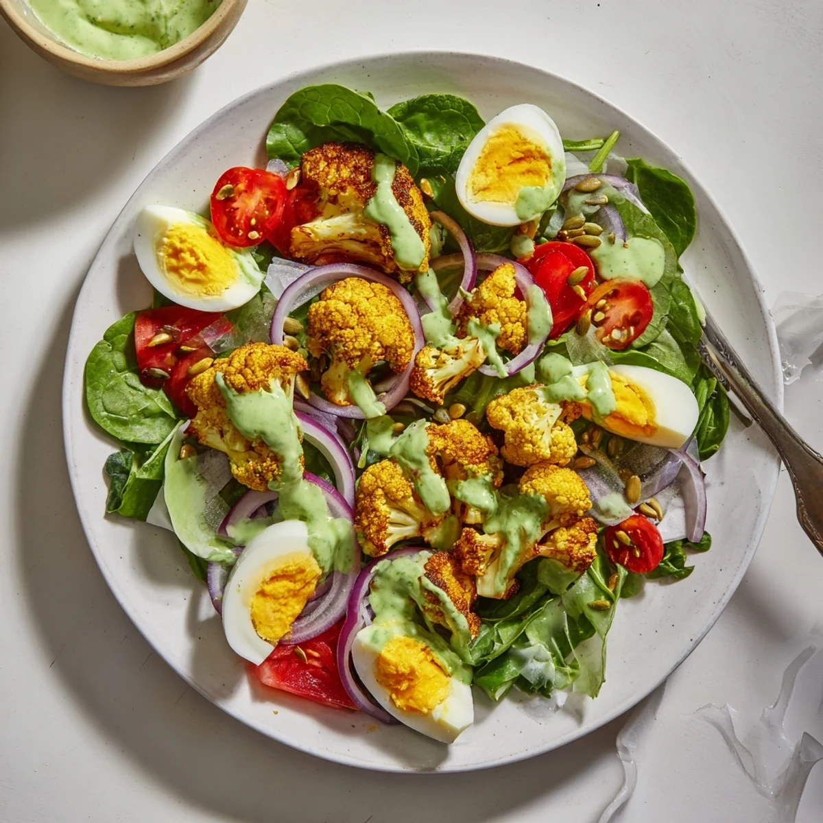 A close-up of the Roast Cauliflower and Egg Salad with Avocado Dressing, showcasing golden florets and creamy eggs atop fresh spinach.