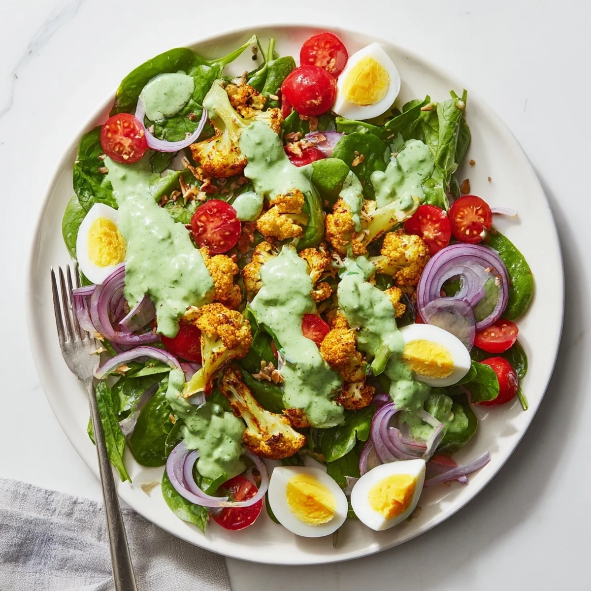 The Roast Cauliflower and Egg Salad with Avocado Dressing is plated with cherry tomatoes and red onion, drizzled with green dressing.