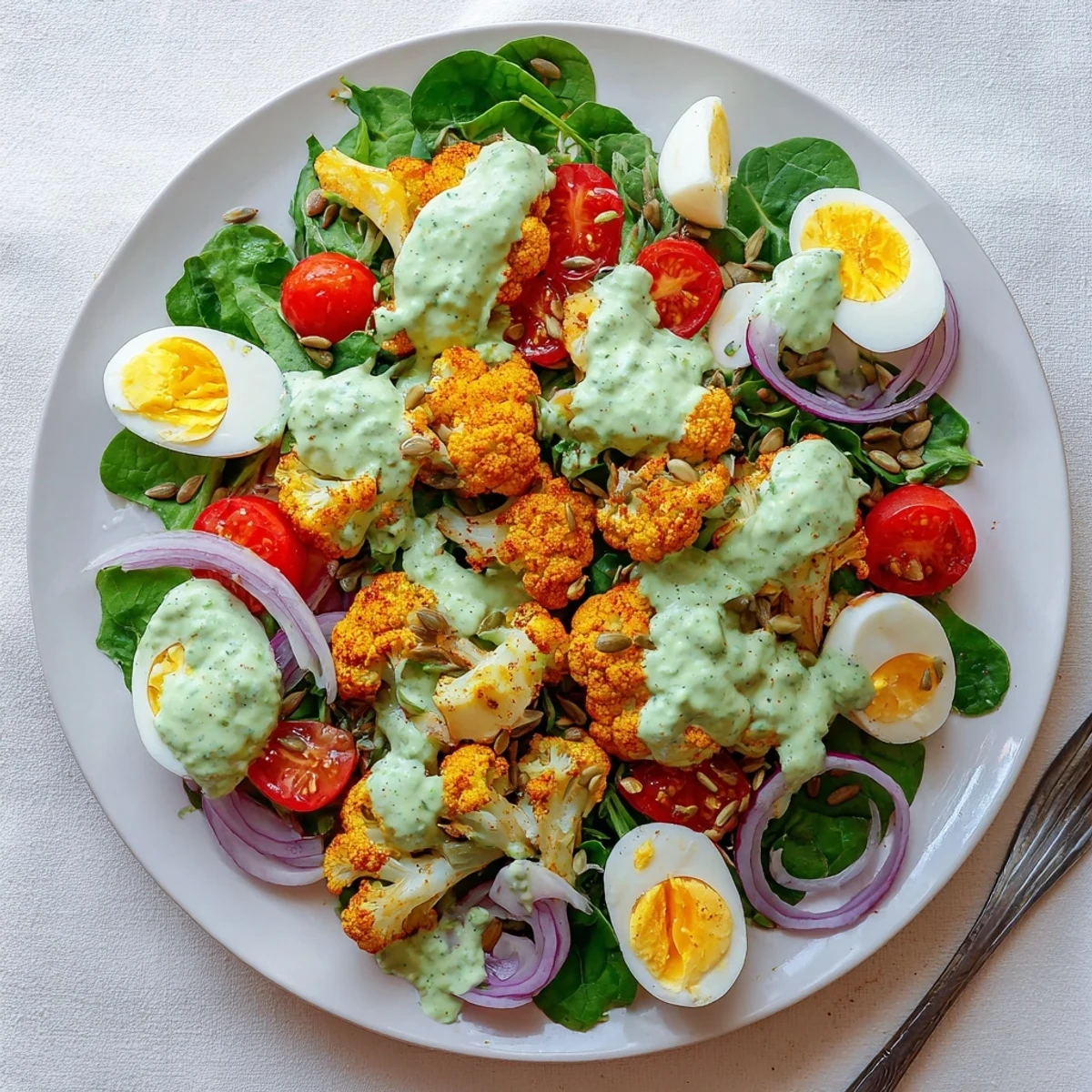Overhead view of the Roast Cauliflower and Egg Salad with Avocado Dressing, garnished with sunflower seeds and ready for a light lunch.