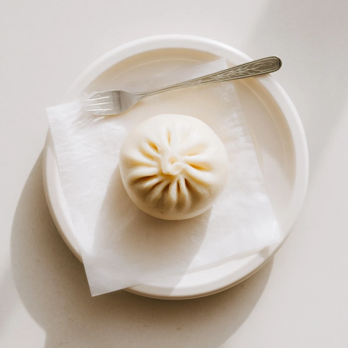 Soft Banh Bao bun with pork, shiitake, and egg quarter, served warm.